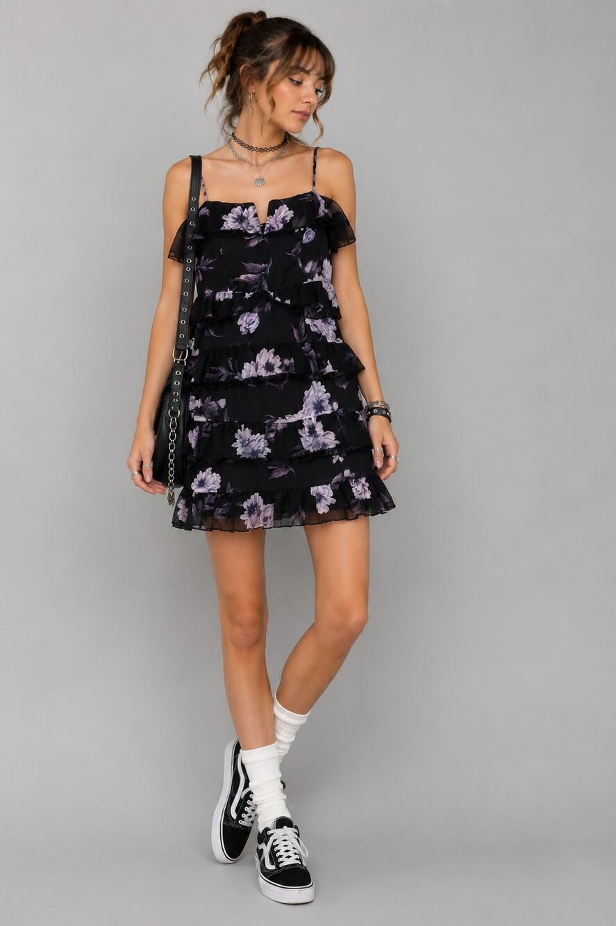 TOBI Irma Black Purple Floral Ruffle Shift Mini Dress Size M